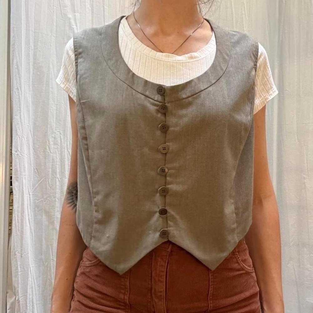 French Connection Green Olive Taupe Tailored Button Down Vest Vintage 90s Y2K M